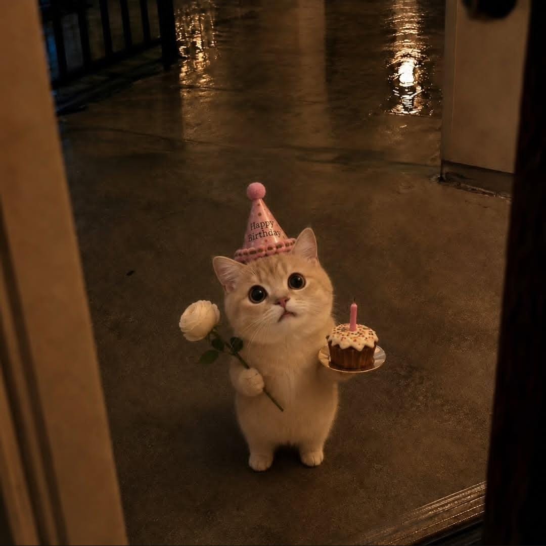 Cute Birthday Cat with Cupcake and Rose